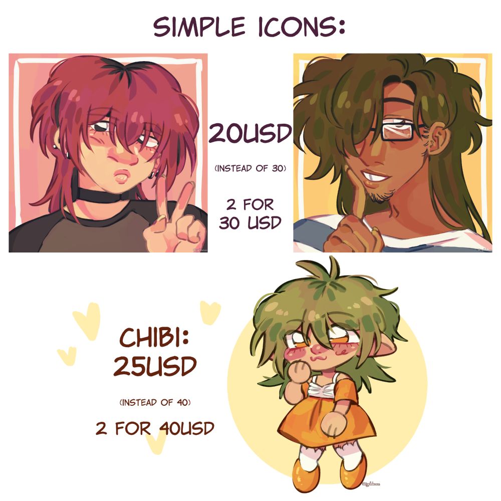 "Simple icons: 20 usd (instead of 30) 2 for 30usd" with 2 icon examples
"Chibi: 25usd (instead of 40) 2 for 40usd" with 1 chibi example