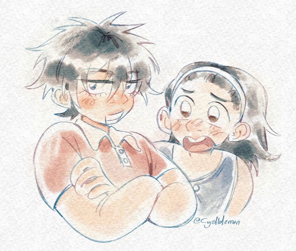 Digital bust art of my ocs Ruby and Jade, as kids, they're siblings. Ruby is a little boy with short black hair and blue eyes wearing a red polo shirt, he's smirking. Jade is a little girl with longer black hair, brown eyes, wearing a blue tank top, she looks upset at Ruby.