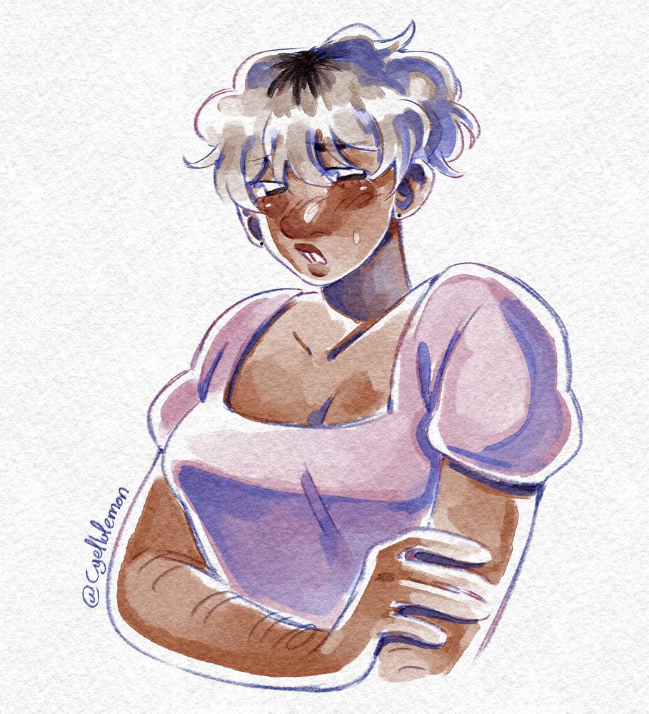 Digital waist up art of my oc Nelly, a brown feminine person with short dyed grey hair, black eyes, a toothgap, wearing a purple top