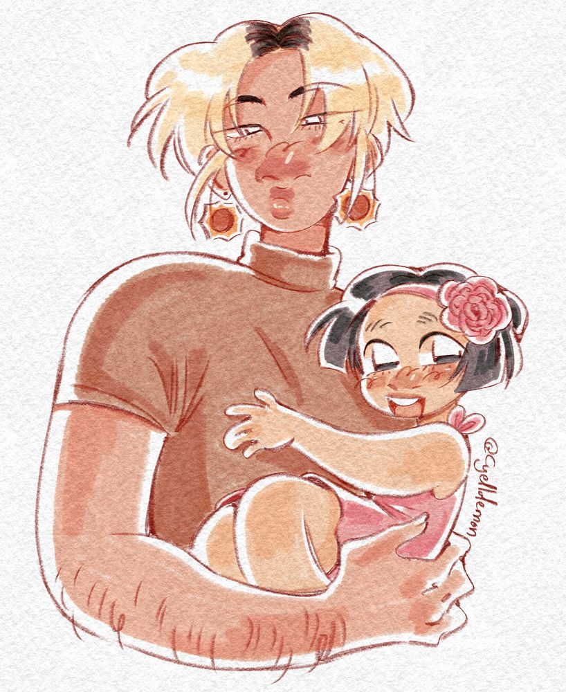Digital art of my oc Laelia carrying Krystal, a 1 year old little girl. Laelia is a asian non binary person with light skin, black eyes, dyed short blond hair, they have sun shaped earrings and is wearing a high neck brown top. Their expression is neutral. Krystal is a little asian girl with short black hair and black eyes, wearing a pink headbang with a rose, and a pink dress, she's all happy.
