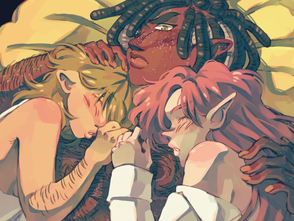 A bust digital art of my ocs Myel and Stellan sleeping on the torso of my oc Klaus, who looks upset looking at Stellan and has a hand on Myel's head, and a hand above Stellan's hair.
Myel is a small white skinny transmasc person with shoulder lenght green hair and pointy ears, wearing a light white dress, Klaus is a muscular black trans man with long black and grey locks, green eyes, long pointy ears, he's shirtless and and has inverted t top surgery scars. Stellan is a tall white skinny cis man with long straight pink hair, he's wearing a half removed white shirt.