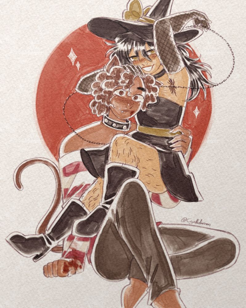 A digital drawing of my ocs Ambrose and Olive. Ambrose is a black man with dark brown hair in a bun and eyes the same color. He has cat ears and tail, a fang and blood on his mouth. He's wearing a collar with a chain, a stripped pink and white sweater, and grey pants. He's sitting while holding Olive. Olive is a feminine looking man with white skin, long black hair with some pink, and green eyes. He's wearing a black witch outfit (dress and boots) and hat, with some green accent.