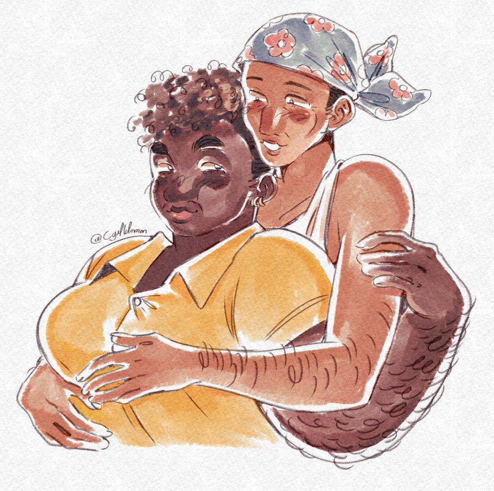 Digital art of my ocs Marie and Flora, Flora is hugging from behind Marie.
They're both middle aged, Marie is a black and fat transfem butch with shaved sides and burly dark brown and grey hair, she's wearing a yellow shirt. Flora is a skinny and tall arab transfem butch with light skin, she has shaved hair with a blue scarf with pink flowers. She's wearing a white tank top. They're smiling at each other.