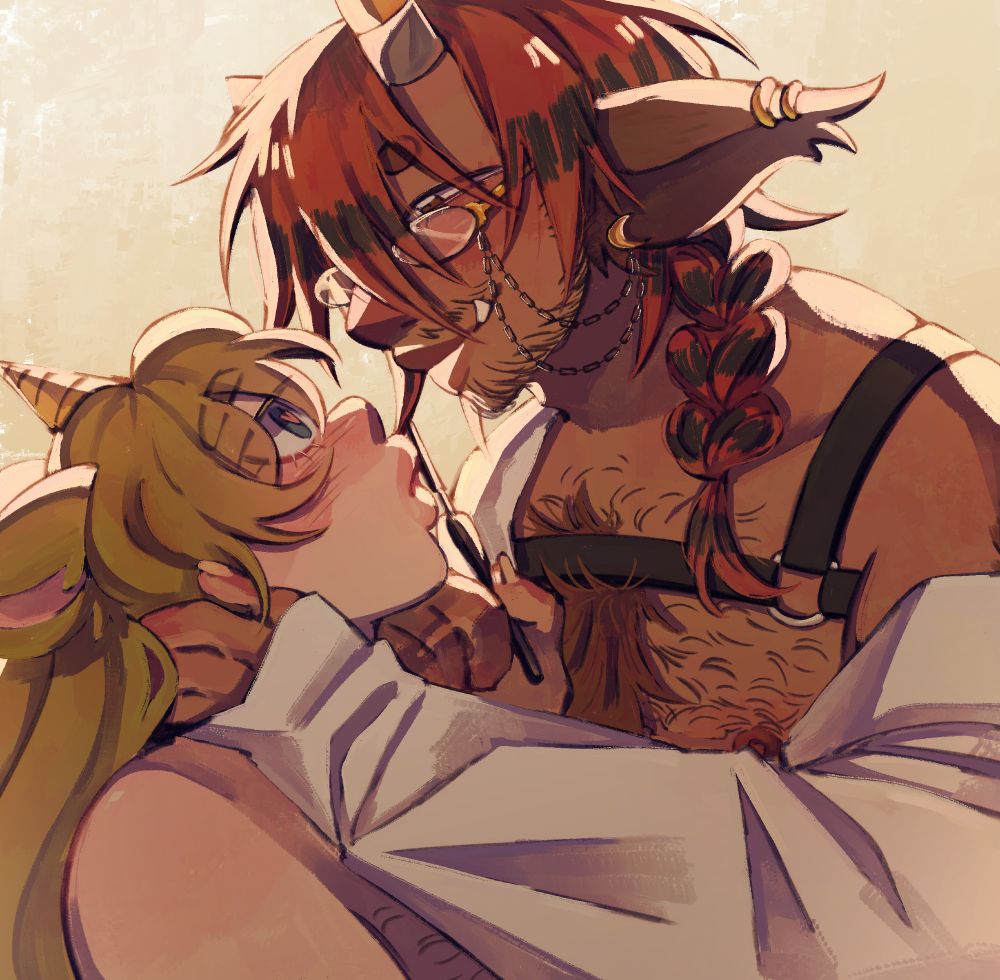 Digital bust art of my ocs Finnegan (a white and fat feminine transmasc person with green hair in long twintails with bunny ears and a yellow horn, and blue eyes) and Lulu (a chubby tall brown transmasc person with long red hair in a messy braid, with some black strippes dyed, brown eyes, big furry ears on the side with some earrings, two horns, a short one and a longer, facial hair, wearing a black harness and an oversize white shirt). Finnegan is looking with hearts in her eyes at Lulu, who's smiling, a hand on Finn's neck, and a scalpel on his lips. There is a soft warm light coming from behind.