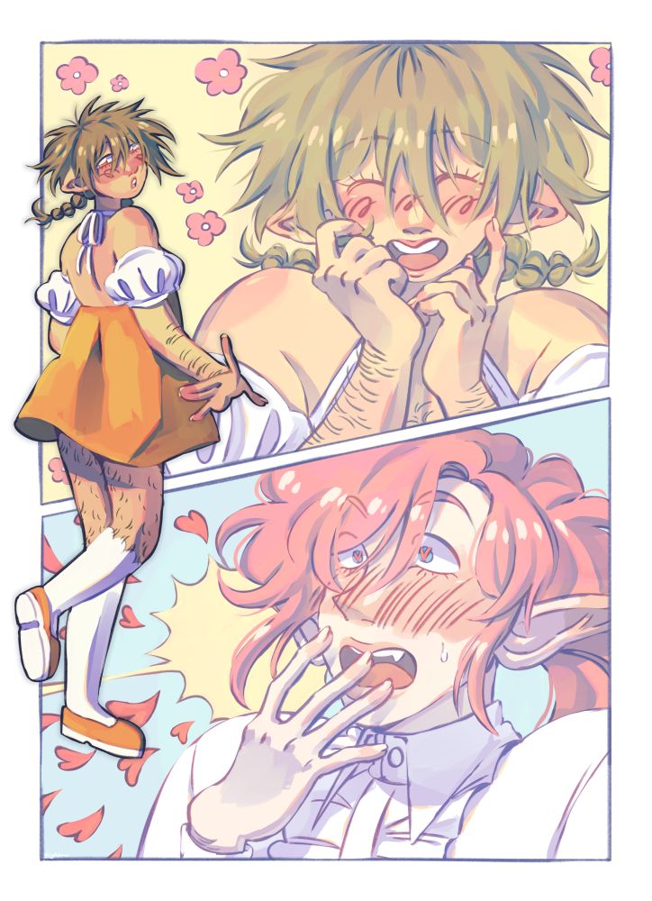Digital fullbody art of my oc Myel, a feminine white skinny transmasc person with shoulder length straight green hair, yellow eyes, pointy ears and a white and yellow dress, having a cute neutral expression. In the background, there is two panels, one with a bust of Myel again, making a cute smile with her hand on his face. Second Panel is my oc Stellan, a tall skinny white cis man with long straight pink hair in a braid, blue eyes, long ears and a white shirt with frills, with heart on his eyes and his hand in front of his mouth, looking surprised by how cute Myel is.