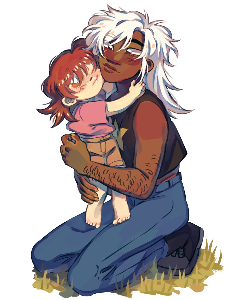 Digital art of my oc Cass, a little white boy with red hair, stading on my oc Roman's knees, hugging him. Roman is a skinny brown trans man with long white hair, he's sitting on his knees, on the grass and hugging back Cass while smiling.