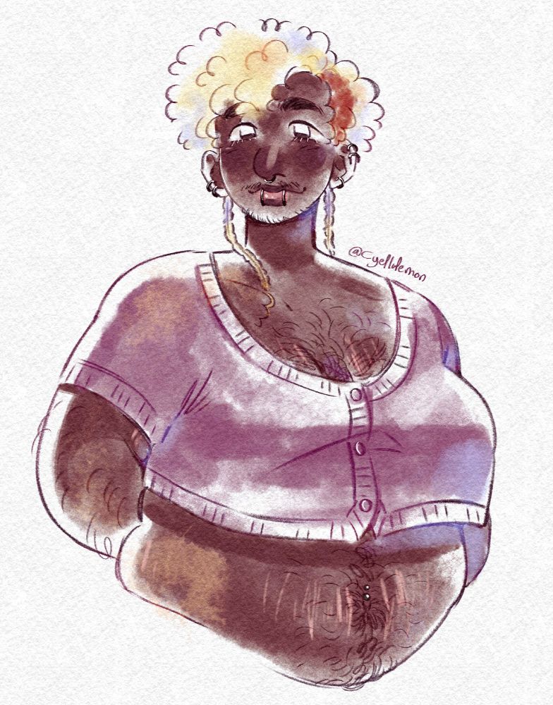 Digital art of my oc Quinn, a fat black transmasc person with dark brown eyes, short blond curly hair with a red strand, and two little braids, they has facial hair and some ear piercings. He's wearing a purple cardigan. They have their hand behind his back and is soflty smiling