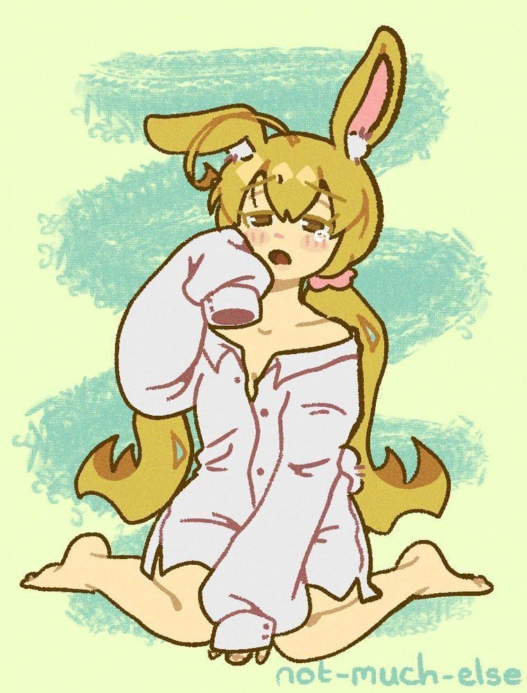 Ai in a simpler style. She is wearing an oversized shirt and has a bunny ears and tail