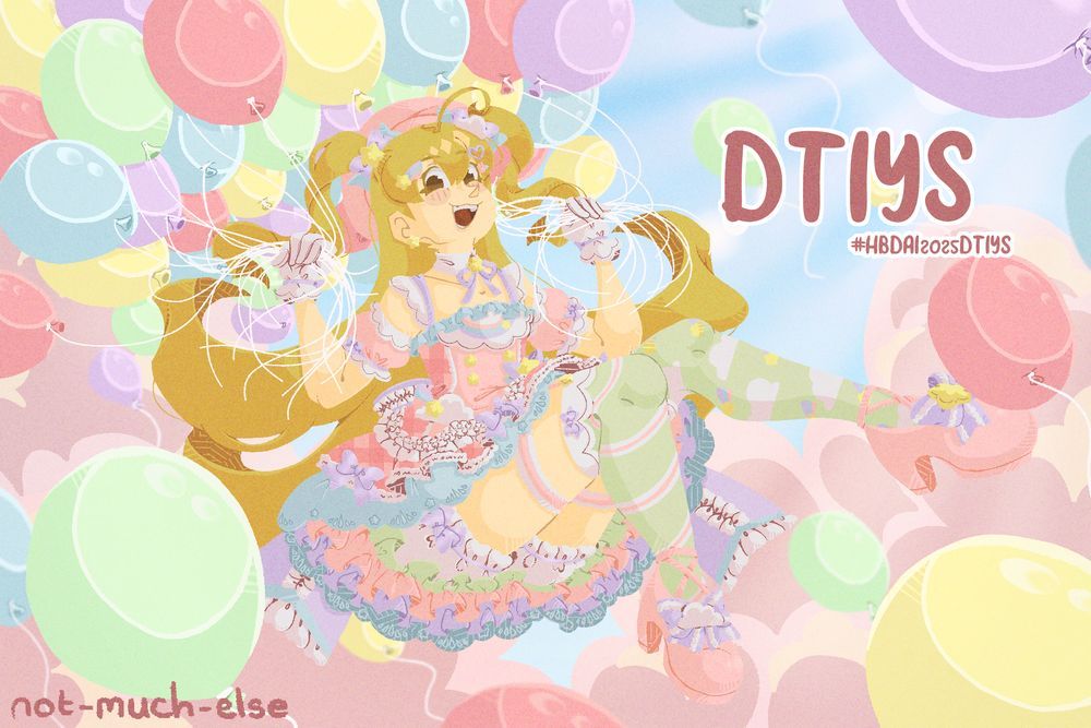 An Illustration of Ai - up in the clouds, surrounded by balloons that she is holding. 