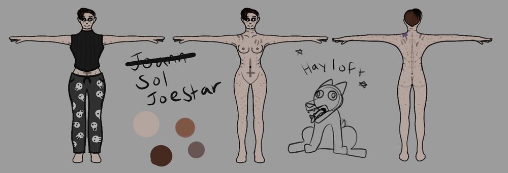 Sol is wearing a tank top with a neck, and has on skull sweatpants. 