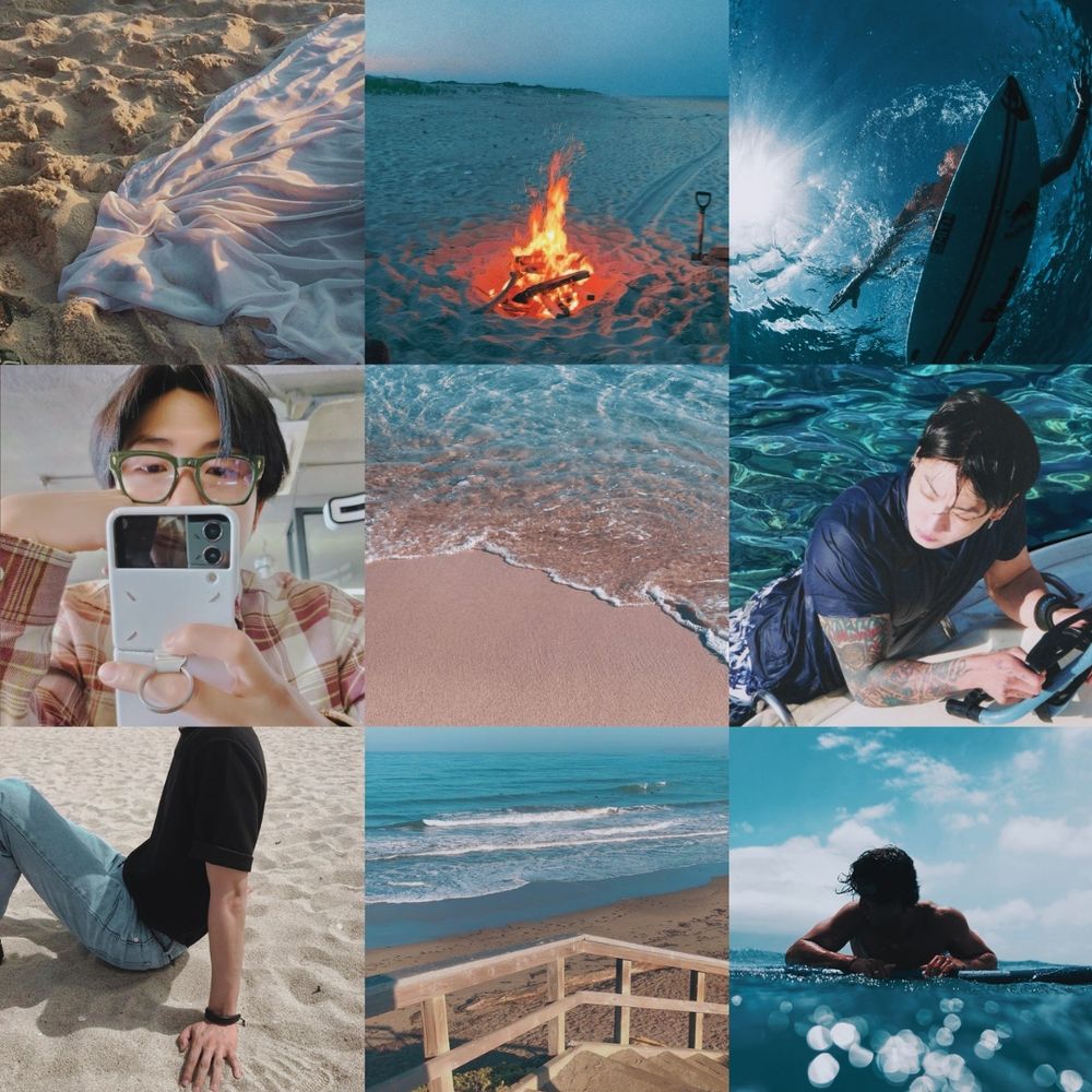 A 3x3 moodboard of coastal and beach-themed images featuring: a white fabric on the sand; a campfire burning on a beach at dusk with flames reflecting on the sand; an underwater shot of someone breaking through the water surface creating a splash with sunlight filtering through; Namjoon with green glasses taking a mirror selfie while wearing a plaid copper and cream shirt; a gentle waves washing onto sandy beach with foam meeting the shore; Jungkook in dark blue t-shirt leaning onto a surf board while half his body is in the ocean looking sideways; a close-up of someone's legs and hands on sand wearing jeans while crouched on the beach; a wooden boardwalk railing overlooking a beach with waves and blue sky; and a person floating in the ocean while leaning onto a surfboard.