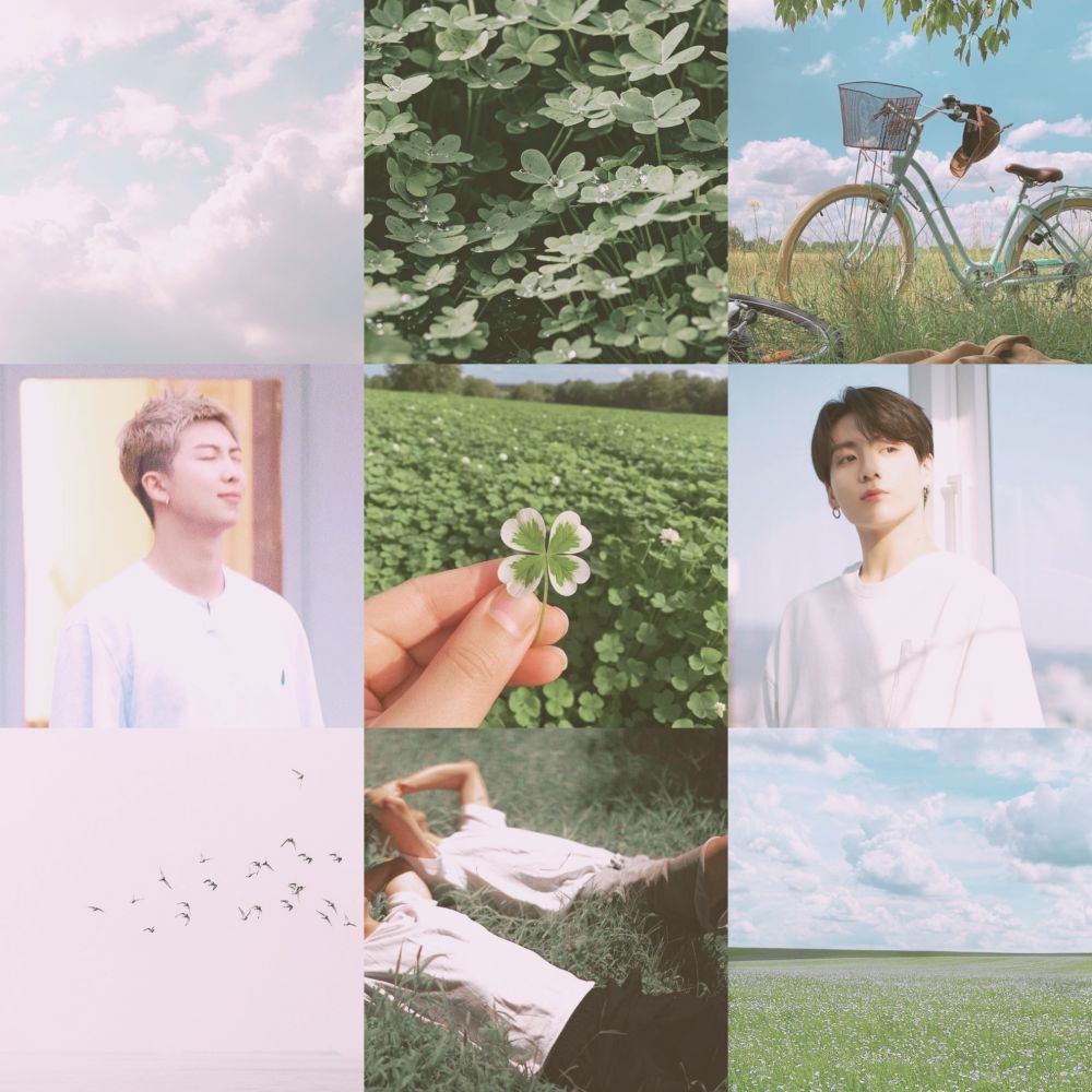 A 3x3 moodboard in pastel tones featuring Namjoon and Jungkook. It includes: a bright sky with fluffy clouds, a close-up of clover leaves, a green bicycle parked in a sunny field, Namjoon with closed eyes and short dirty blond hair with white shirt, a hand holding a four-leaf clover, Jungkook in a white shirt looking to the distance, birds flying, two men with white shirt and shorts laying on grass, and a wide shot of a clover field under blue skies.