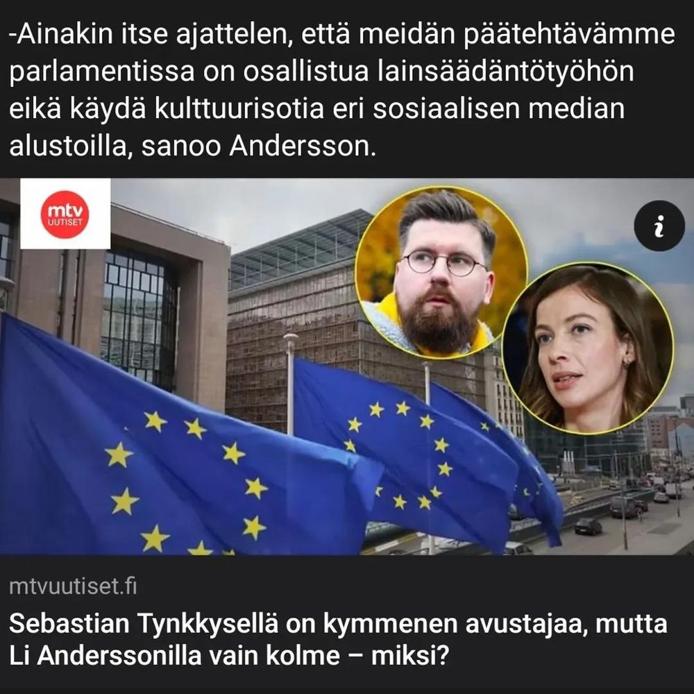 Maikkari: Sebastian Tynkkysellä on kymmenen avustajaa, mutta Li Anderssonilla vain kolme - miksi? 

Andersson: "Ainakin itse ajattelen, että meidän päätehtävämme on osallistua lainsäädäntötyöhön eikä käydä kulttuurisotia eri sosiaalisen median alustoilla."
