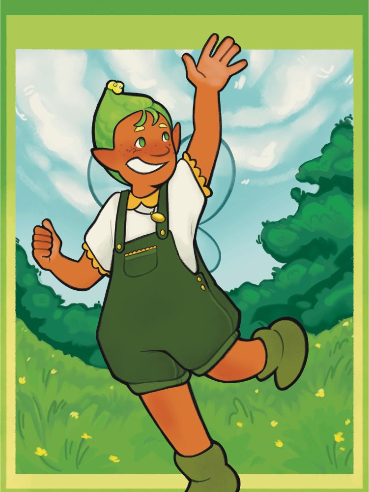 Nale, a young Dandelion fairy, stands in a field raising her hand to the sky, she is smiling very wide and looks like she’s in the middle of running or jumping 