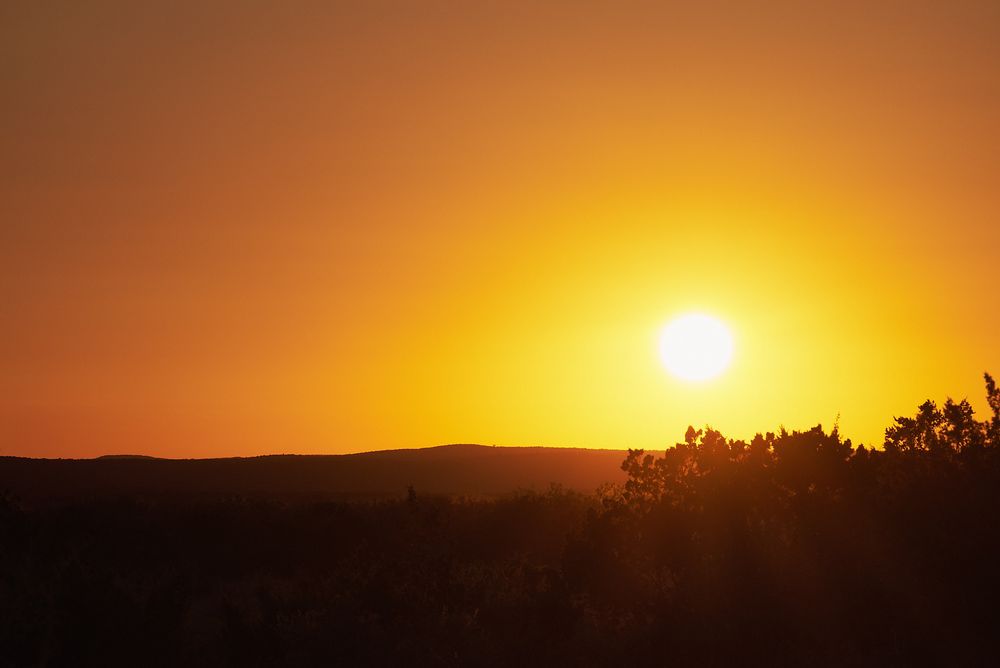 Low sun blazes over a dark, tree-lined horizon, washing the sky in deep gold and orange as heat-hazy light softens the distant rolling hills.