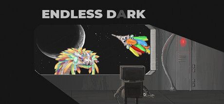 Game title: Endless Dark
A robot is holding a wrench and looking outside a window. There is space and a crescent moon. There is also a rainbow feathered wyrm and a wyrm on a string poking in from the bottom and right sides.
The inside of the room is a stark metallic grey, devoid of any interesting features. A single red light is lit on a panel.
The drab colours and position of the robot evoke a sense of longing and emptiness because everywhere else is cast in shadow.