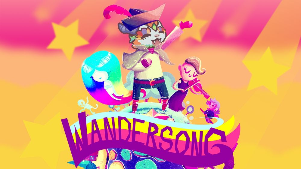 Game Title: Wandersong
A vibrant pink and yellow background where a rainbow feathered wyrm is singing. He is wearing a hat with a feather in it and little cloak. There is a rainbow-haired figure floating to the left, while a person is playing the violin to the right.