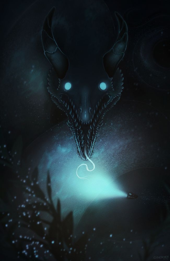 An abyssally underwater scene. A massive, languide serpentine shape is shadowed in the background with a sharp-toothed maw hinging open as luminescent eyes peer from the darkened depths and horns spear upward from its head. The gargantuan size is made manifest when compared to the tiny submarine in the bottom right, its light only illuminating the barest fraction of the languid noodle lurking in the depths.