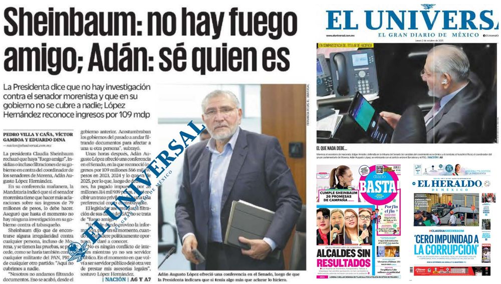 Facsimiles de El Universal (30 de septiembre y 2 de octubre), El Heraldo de Mexico (9 de septiembre), Basta (4 de octubre), 2025.