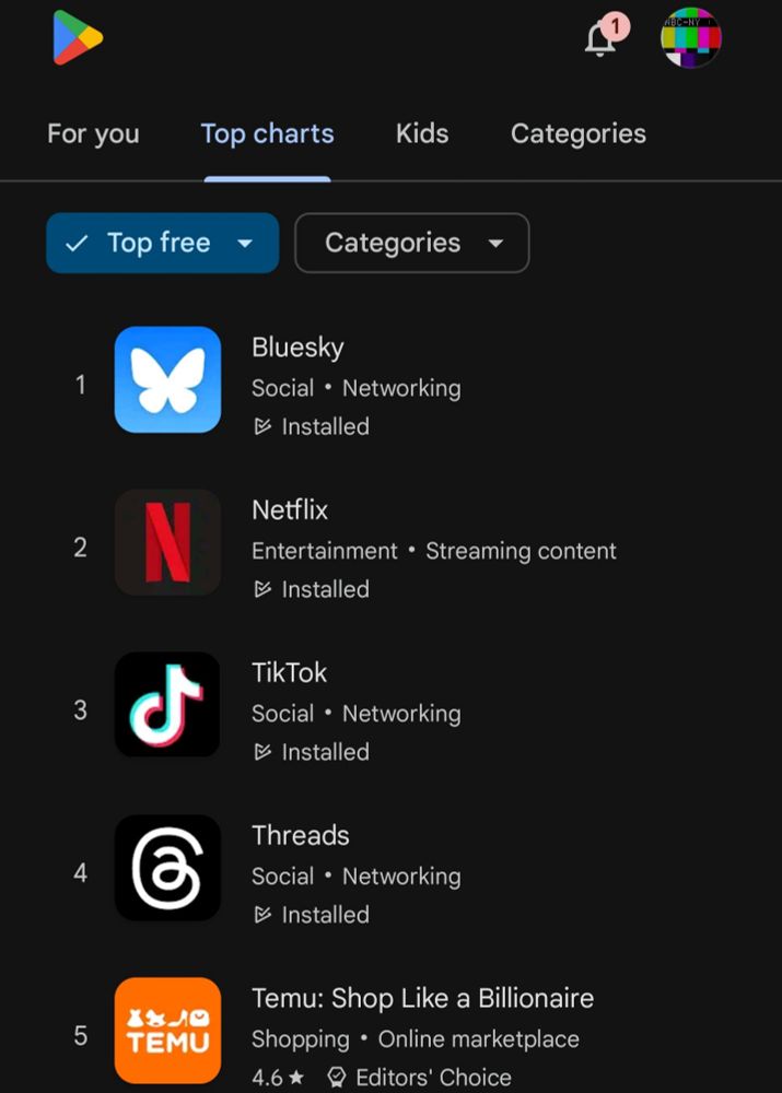 Bluesky topping the Google Play charts for free apps.