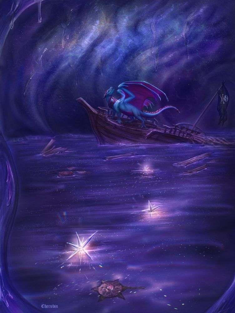 A dragon stands atop the wreckage of a pirate ship floating inside a giant stomach. The stomach walls shine like nebulae and a starscape while the dragon looks up in wonder. Various magical items and planks of wood from the ship float around in the stomach's acid, though the dragon is and will remain unharmed by it.