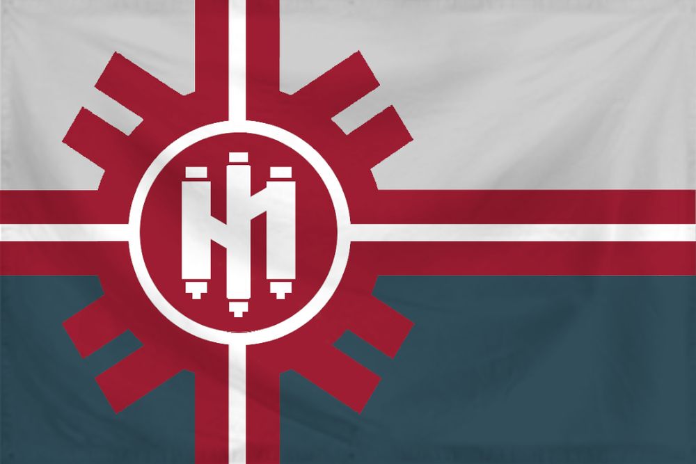 The flag of l'Republique d'Ouvrard, a proud and steadfastly independent nation in western Aemissum. The flag of the Ouvrard was created sometime in 6C 16 during the foundation of the Republic and the writing of it's constitution. The red represents the blood spilled by many in service to their country, with the blue representing the beauty of l'Ocean d'Ballairge, named for the Ouvrardi explorer Felix de Saint Ballairge. The symbol on the first flag is the Cross of St. Cuvier, a sigil borrowed from the Saarloosi runic alphabet that is commonly associated with the Ouvrardi Orthodox Church. The left side of the cross represents the six tribal groups that founded the original Empire of Montou, with the other six representing the three main rivers and three major lakes in the country.