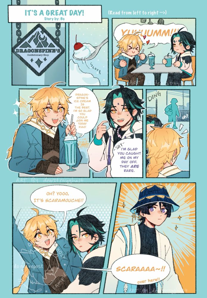 Comic page featuring genshin impact characters in modern clothes and a modern setting: aether and xiao at a confectionary cafe. a chance encounter occurs when scaramouche walks in.