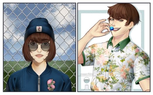 Artwork by nassariidae, a girl portrain in a navy blue outfit and beanie witha rendered background; right artwork, nassariidae's oc eatting a lolipop in a white and green floral rendered shirt with a simple background
