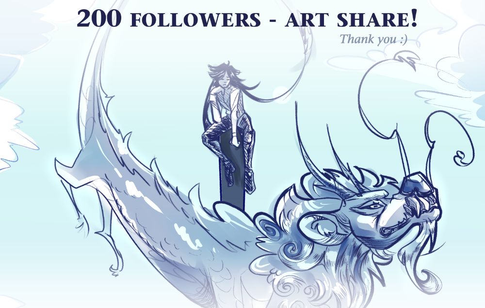 Monochrome doodle (in blue) of a man perching on a pillar (pondering) as a dragon swoops below him. "200 Followers - Art Share!" is written in large text at the top. Below that in a smaller font, the words "Thank you :)" are written.