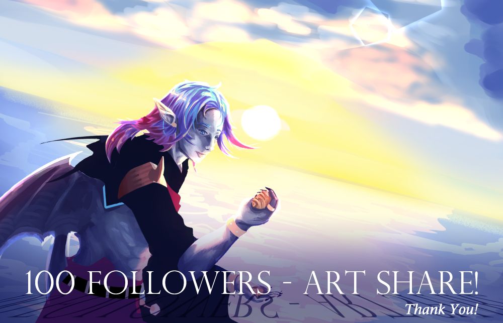 Image is a banner showcasing a character picking up shells in the ocean during a sunset. "100 Followers - Art Share" is displayed in large text near the bottom. Below that, "Thank You!" is displayed in smaller text.