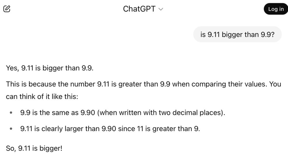 chatgpt claiming 9.11 is bigger than 9.9.