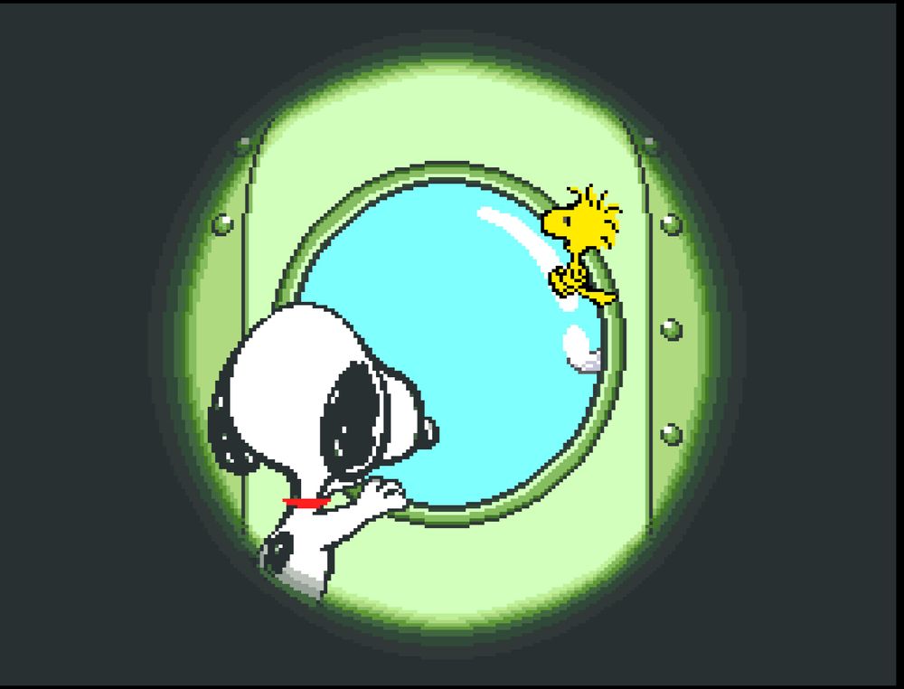 Snoopy and Woodstock looking out the window of a rocket ship