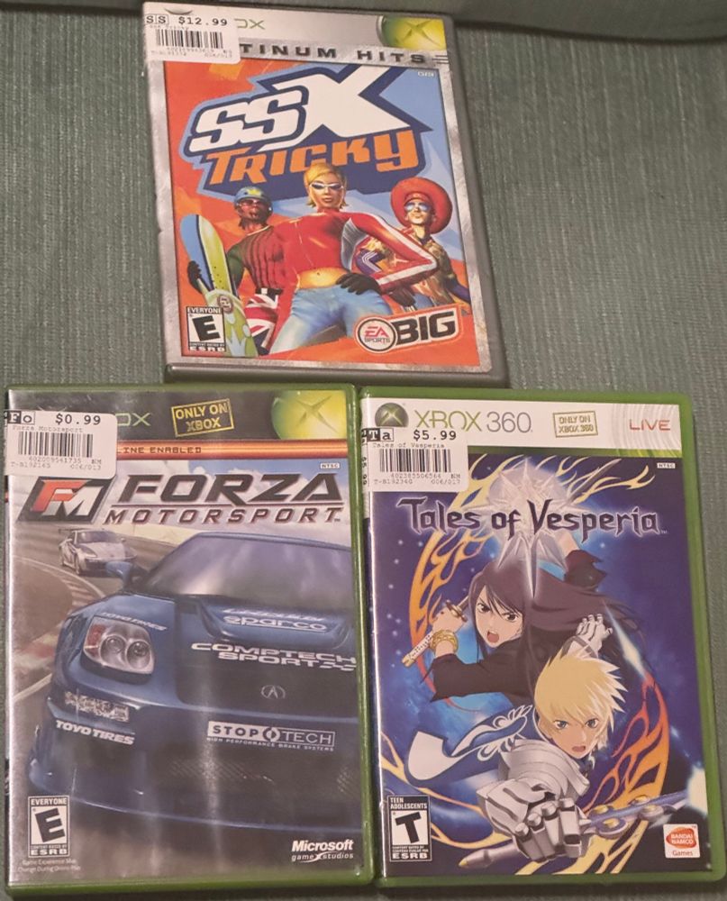 Copies of SSX Tricky [Platinum Hits] and Forza Motorsport for the original Xbox, Tales of Vesperia for the Xbox 360