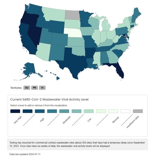SARS2 in de Amerikaanse staten (kaartje).
