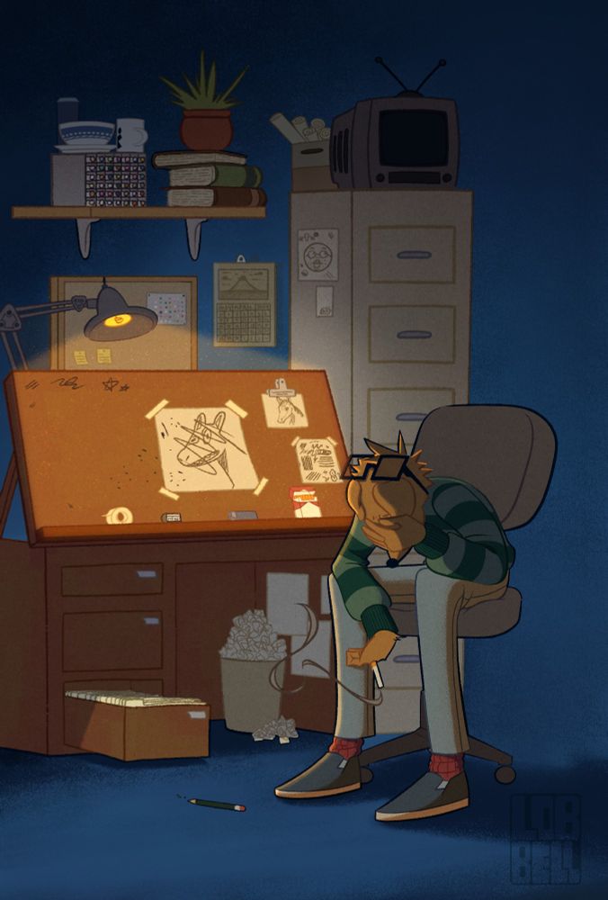 A frustrated anthropomorphic dog at a dimly lit desk having a smoke break after a "failed" art study.