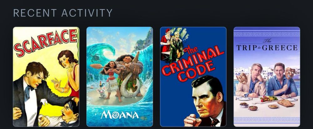 Recent activity on Letterboxd graphic: Scarface (1931), Moana, The Criminal Code, The Trip to Greece movie posters