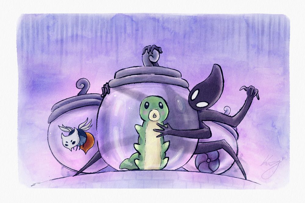 A piece of digital watercolour art depicting a grub and other critters trapped in a large glass jar by The Collector, a character in the video game Hollow Knight. This piece is an entry for Hollow Knight Art Month