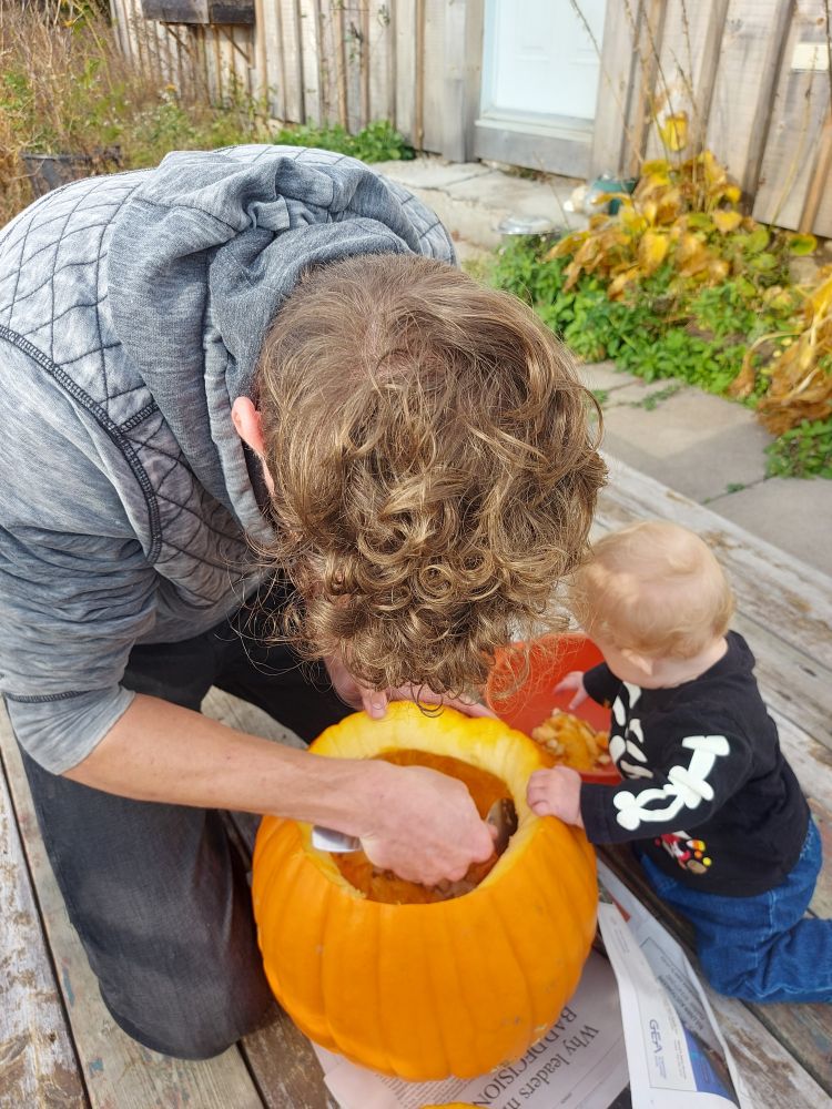 André is scooping out a pumpkin while the baby watches. She is reaching for the contacts of a bowl of seeds and pumpkin goop, in order to refill the pumpkin.
