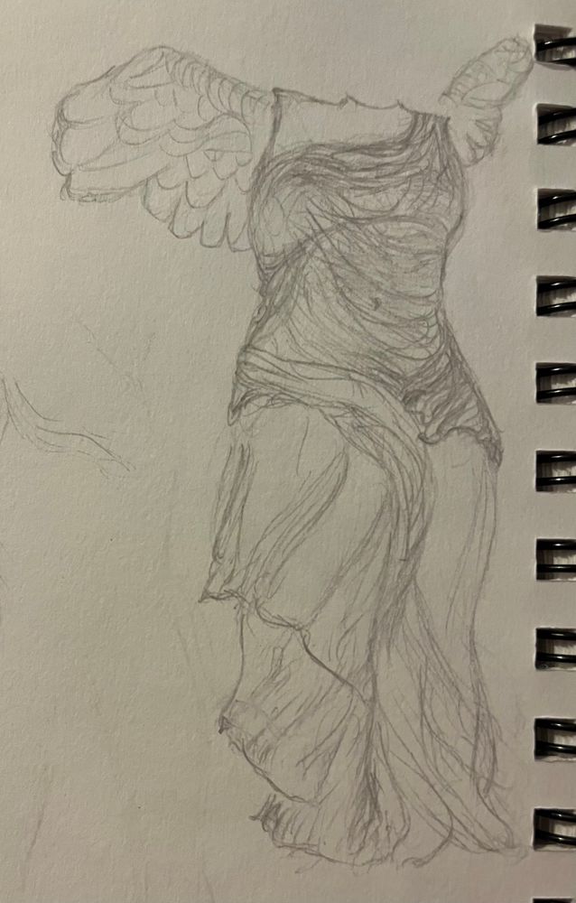 A pencil study of the Winged Victory of Samothrace.