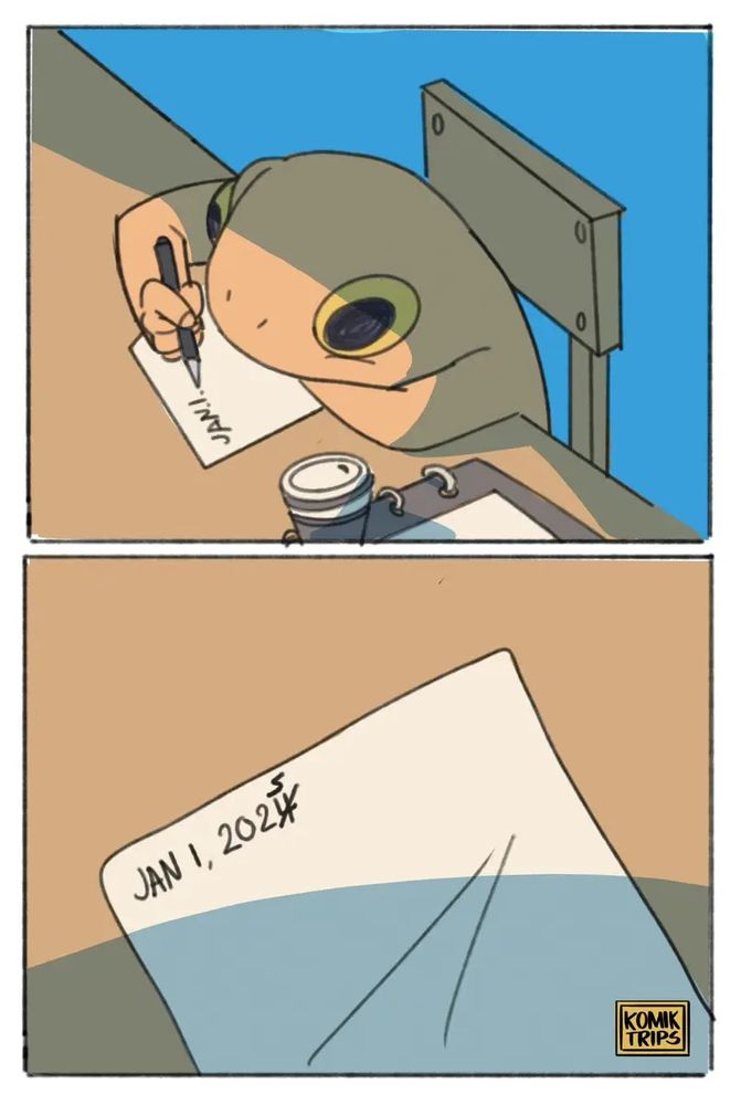 A Komik Trips comic of a frog sitting at a table, starting to write a letter. The second frame is the letter with "Jan 1, 2024" with the 4 crossed out for a 5. The usual new year mistake.