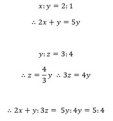 x:y=2:1
∴2x+y=5y

y:z=3:4
∴z=4/3 y ∴3z=4y

∴2x+y:3z= 5y:4y=5:4
