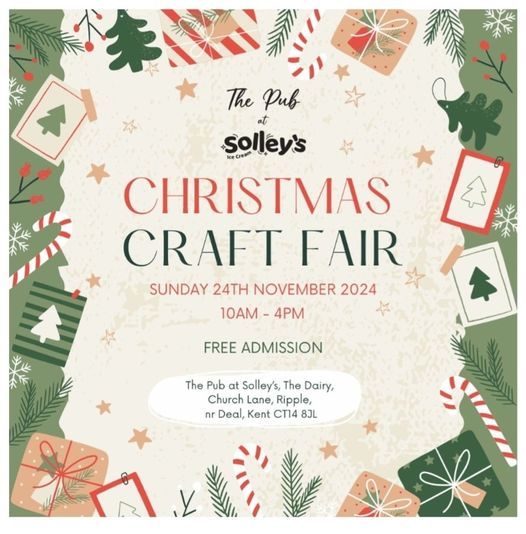 The Pub at Solley's.

Christmas Craft Fair.

Sunday 24th November 2024
10AM-4PM

Free admission.

The Pub at Solley's, The Dairy, Church Lane, Ripple, near Deal, Kent, CT148JL