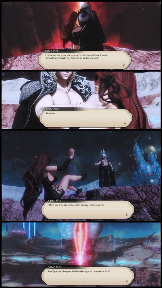 This is a comic scene depicting Kanin, a male Viera with platinum blonde hair with blood red tips on his ears and end of his hair. He has glowing red eyes that have a pattern of a sun. He has pale skin. He is wearing a coat and pants with his chest fully exposed, and Rowena. Rowena is Kanin partner and Kanin has always sensed a special connection with her. Since Kanin was transformed by exposure to pure dark aether on the 13th Reflection. He thinks the same will happen to Rowena as he throws her into the only place on the Source that has the highest amount of darkness aether, the pit where Zodiark was imprisoned.  
