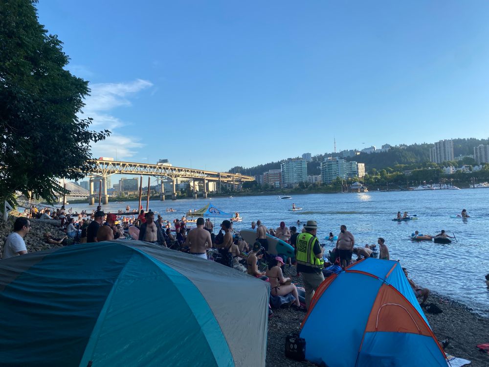 Many swimmers at a river beach.