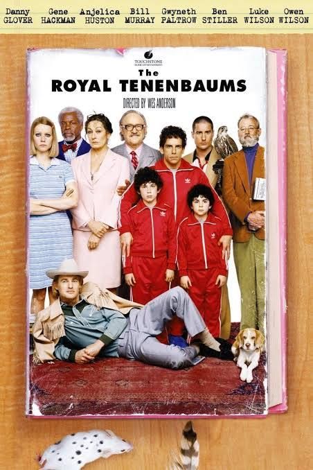 Movie poster for The Royal Tenenbaums featuring the whole cast - including Owen Wilson lying on his side in a cowboy hat, Ben Stiller and two curly-headed kids in red track suits, Gwyneth Paltrow in a blue dress and scowl.