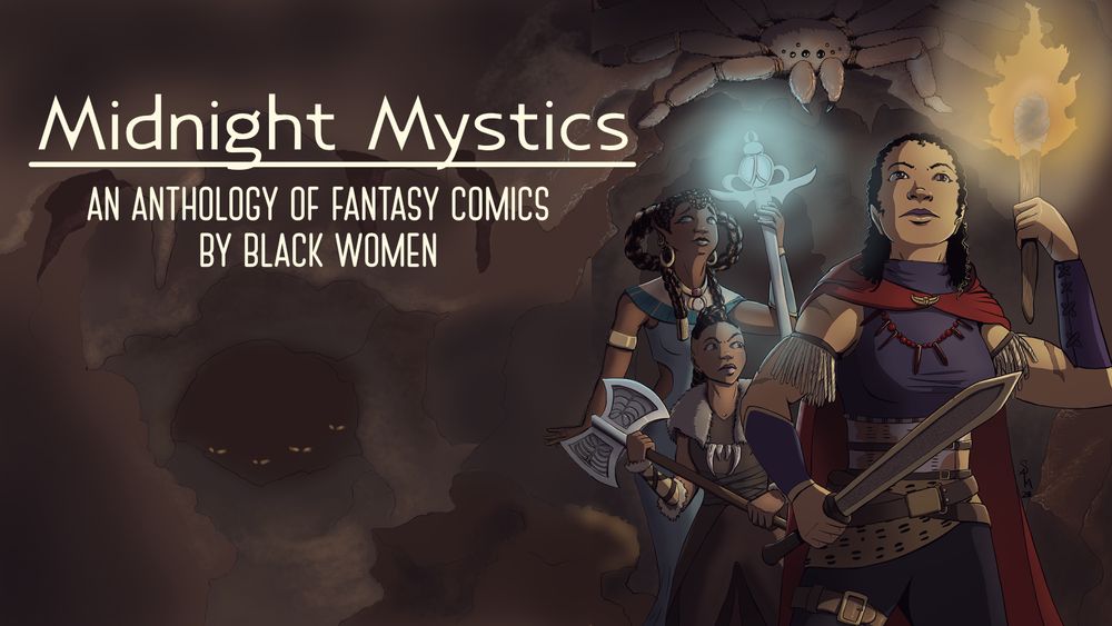A graphic with 3 Black woman adventures exploring a cave while a giant spider sneaks up behind them. 