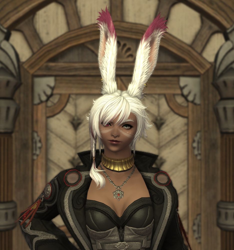 A FFXIV bunny girl in front of a wooden door