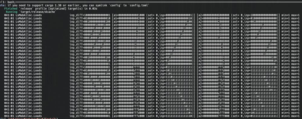 Command-line output showing consistent miss address buffer (MAB) allocations for a load instruction caused by L1D way predictor misses on a Zen 2 core.

Each line in the output represents a pair of virtual addresses whose micro-tag is colliding, necessarily resulting in a misprediction. The `inp` fields are bits in the addresses used as input to a simple hash function which associates each virtual address to the cache way used in the previous load from that address. The `inp_diff` fields visually show us which pairs of bits are being XORed together!