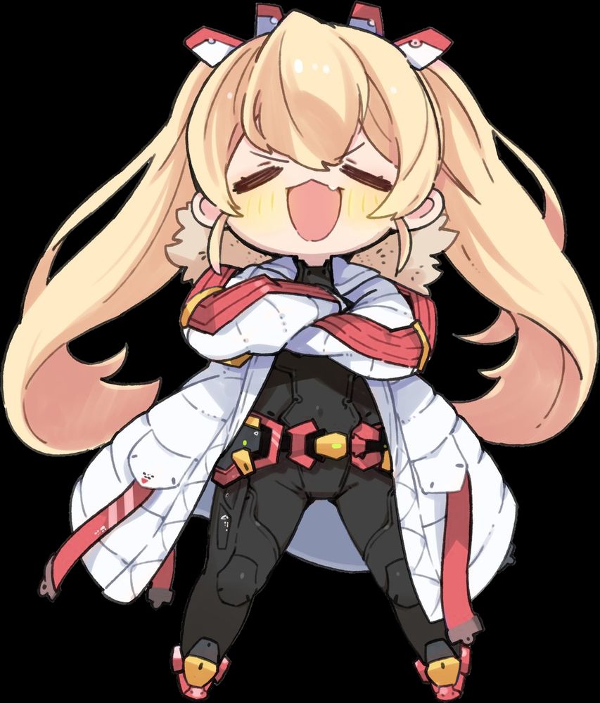A smug-looking blonde girl, Elly, in a black pilot suit and a white coat, decorated with red ribbons. Her cheeks are flushed golden instead of red.