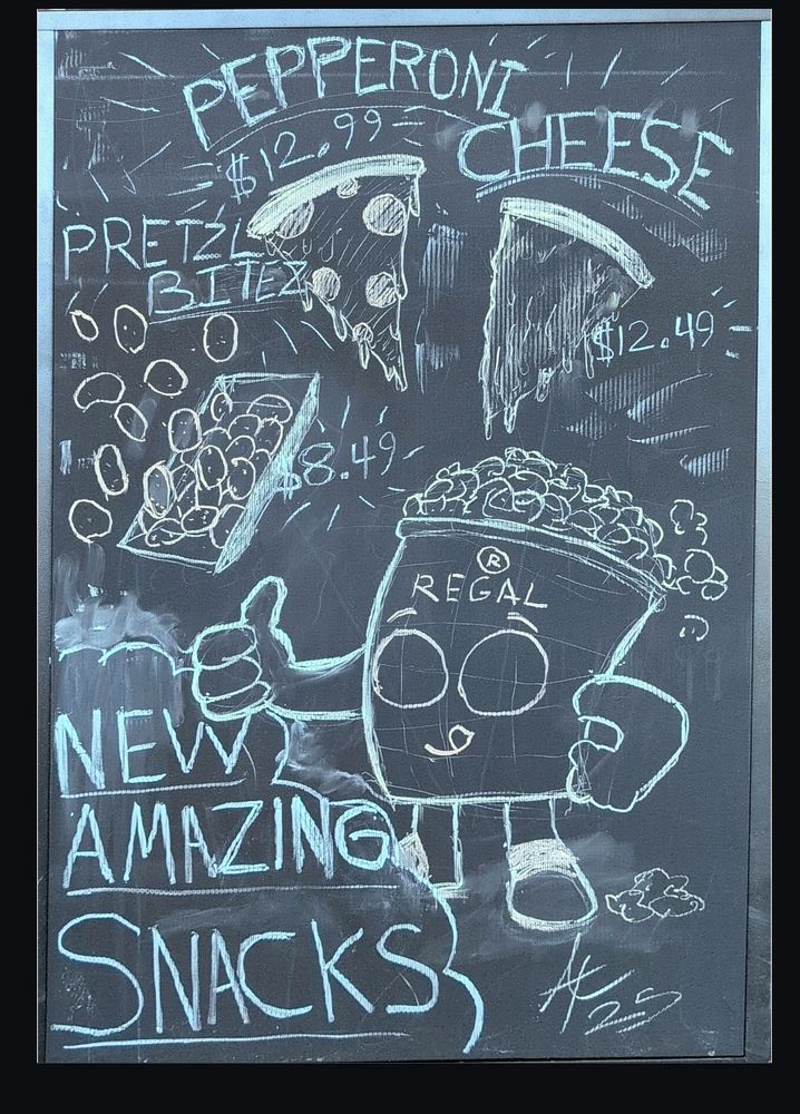 A Chalkboard illustration of a pizza, pepperoni and cheese as well as pretzel bites with a little popcorn character giving a thumbs up